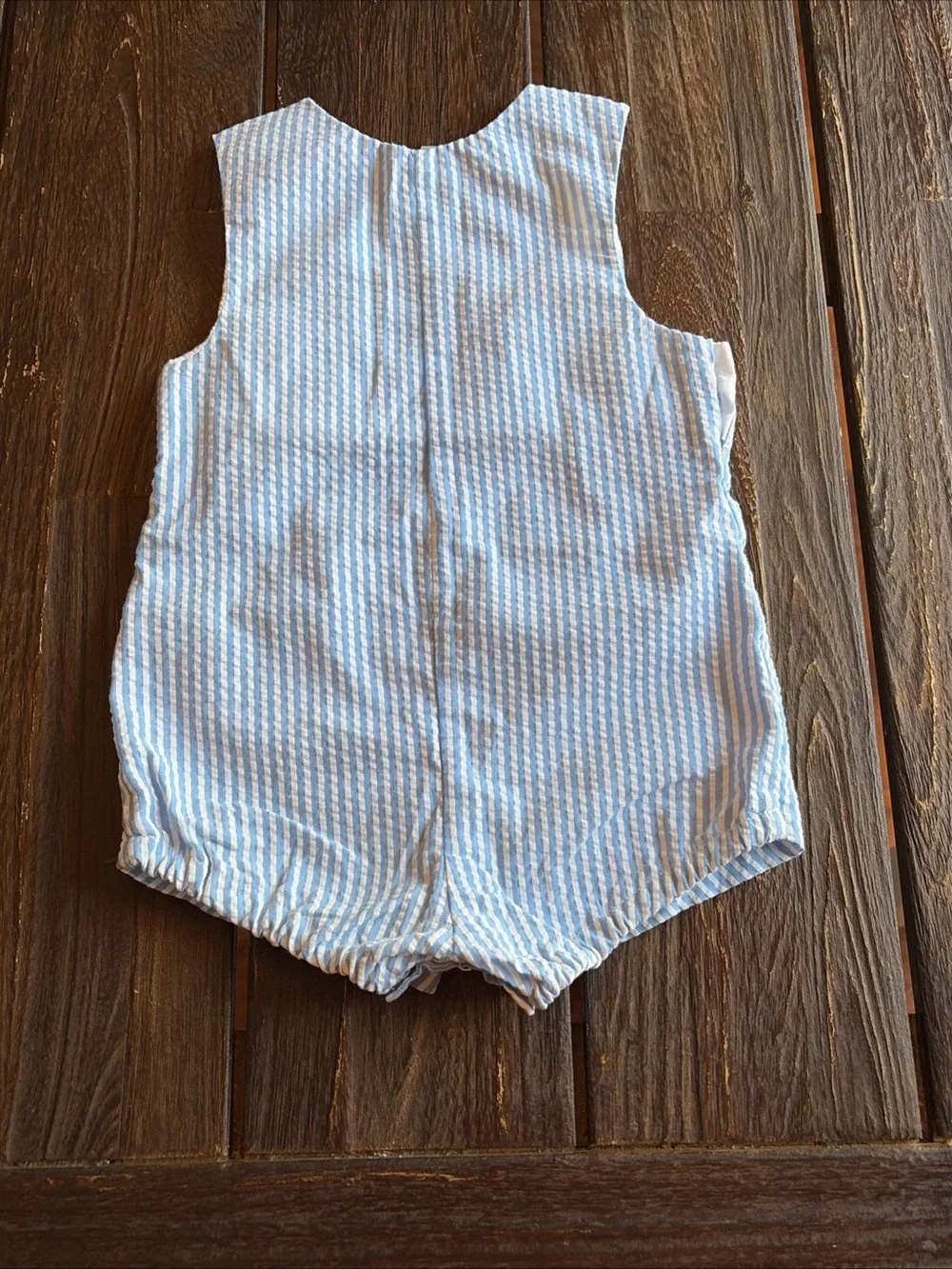 Baby Blue Striped Seersucker Romper Embroidered Nautical Teddy Bear 6-9 Mo